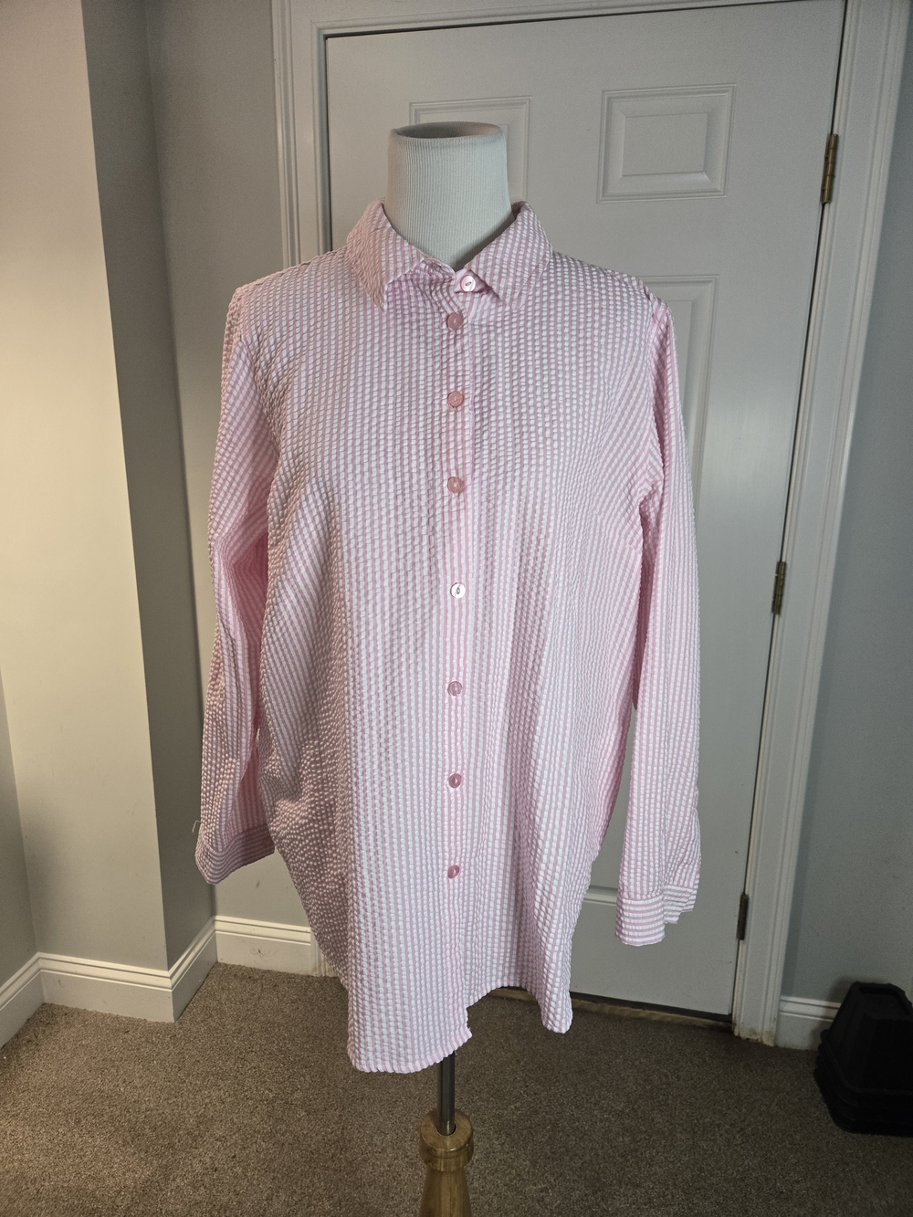 Joan Rivers Regular Pink Seersucker Button Front Shirt